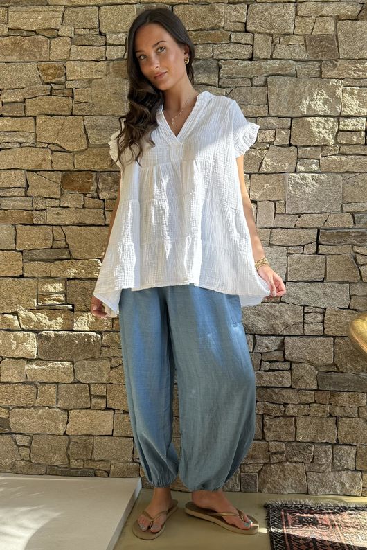 Tasha Cushion Cotton Cap Sleeve Tier Top White